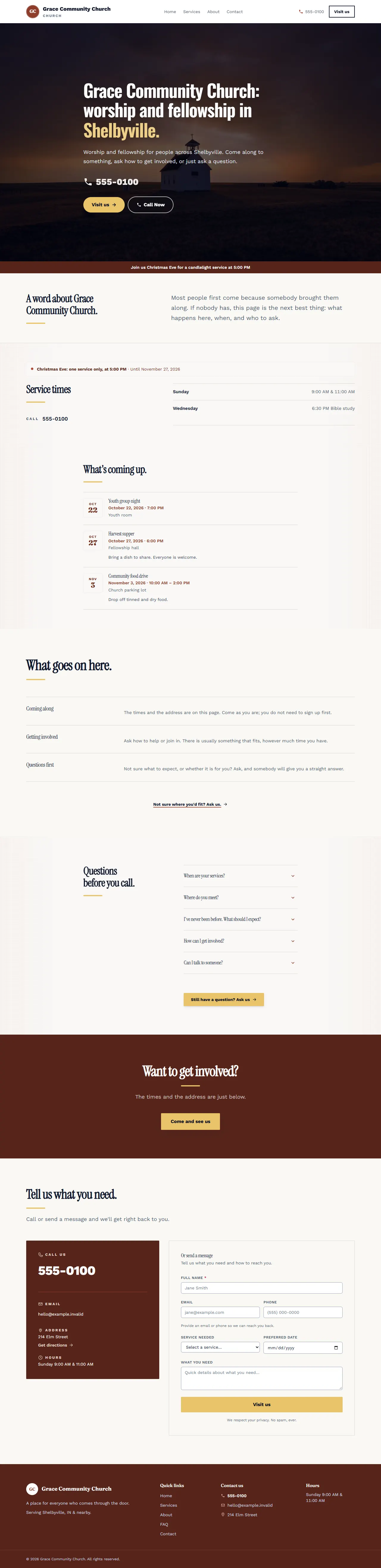 Scrolling preview of a sample church site built from our church template
