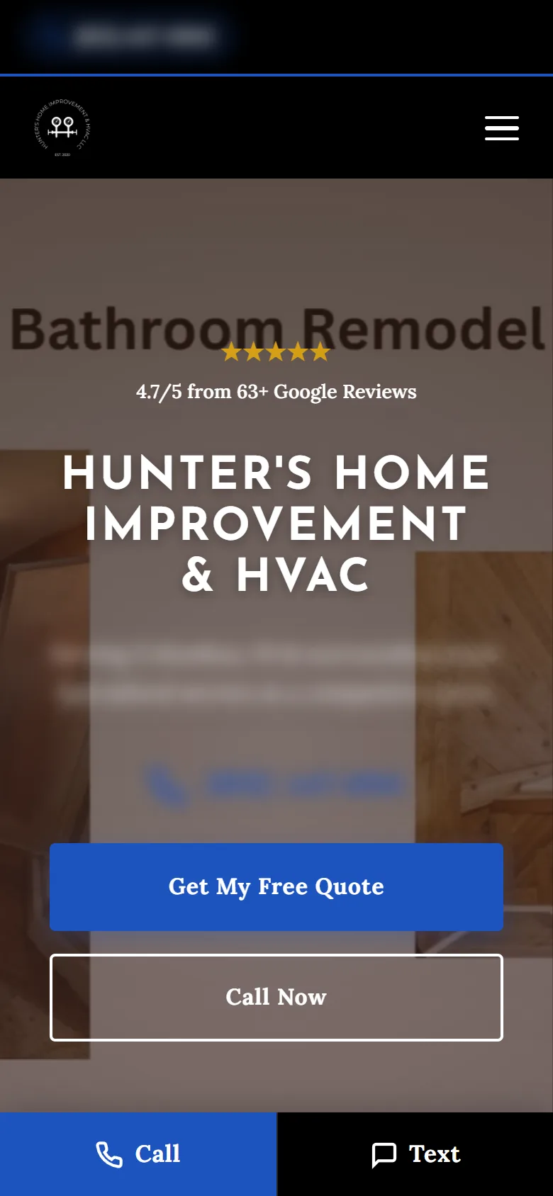 Hunter’s Home Improvement website on a phone, with Call and Text buttons along the bottom. His phone number and towns are blurred.