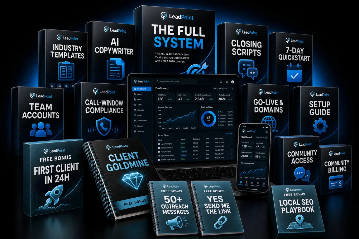 Everything included: LeadPoint software and main-page bundle, plus First Client in 24H, 50+ outreach messages, close script pack, and Local SEO playbook