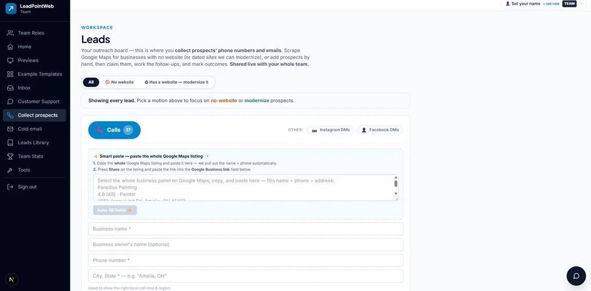 LeadPoint collect-prospects board — smart-paste a Google Maps listing to add a lead