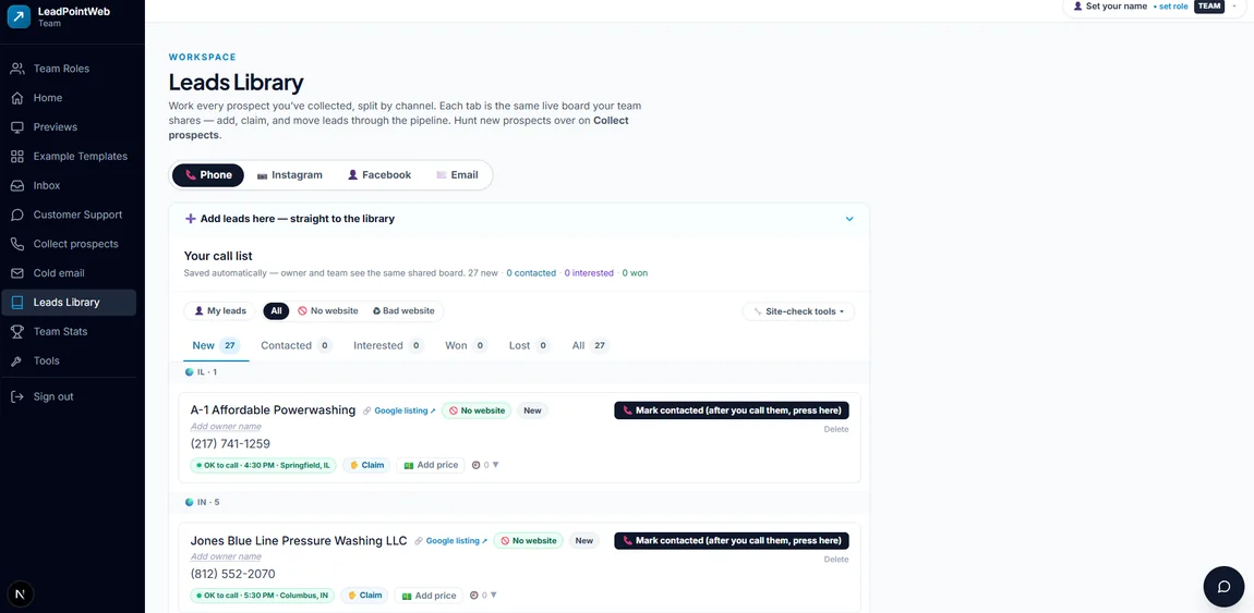 LeadPoint leads library — work every prospect split by phone, Instagram, Facebook, and email