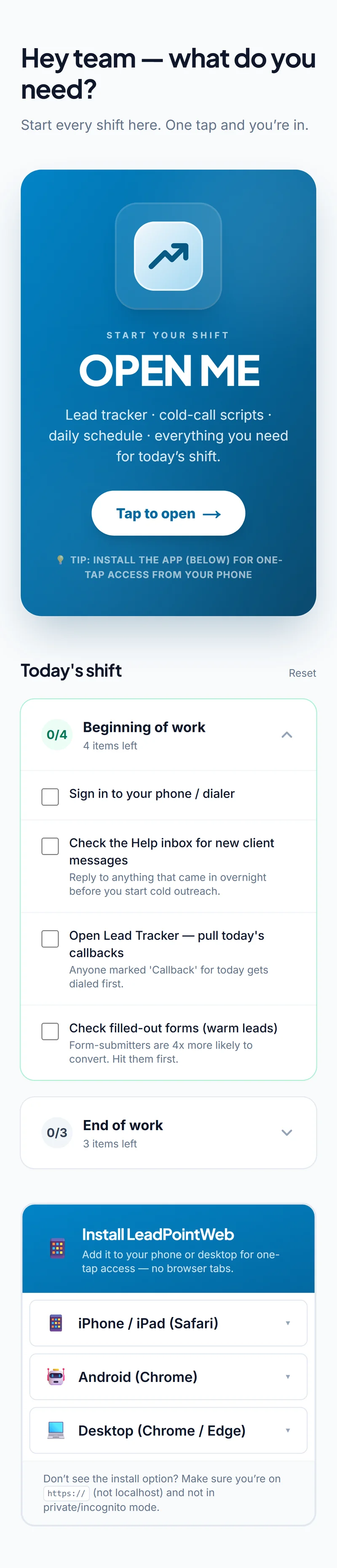 The LeadPoint dashboard running on a phone