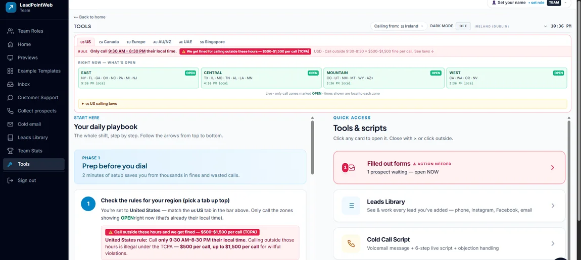 LeadPoint tools — call-window compliance by region plus the daily playbook and scripts